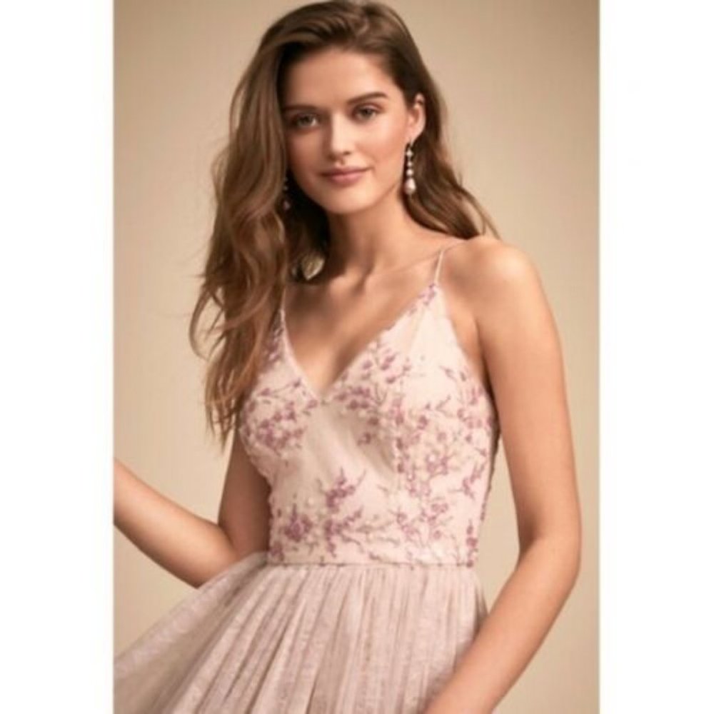 CLUNY DRESS Adrianna Papell Anthropologie Pink Sequined Embroidered Tulle - Picture 4 of 12